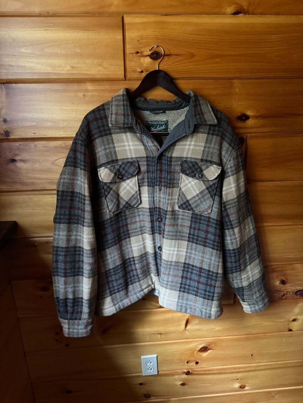 Woolrich Men’s XL Sherpa Lined Plaid Wool Flannel Shirt Jacket Brown Gray